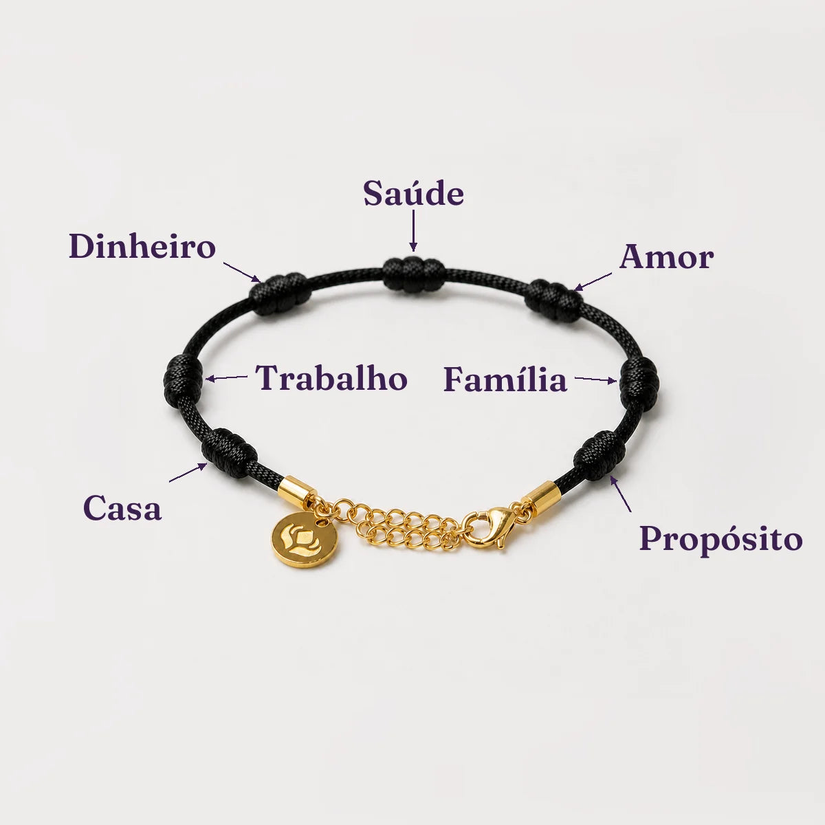 Os 7 nós da pulseira, um pra cada área da vida: Casa, Trabalho, Dinheiro, Saúde, Amor, Família, Propósito