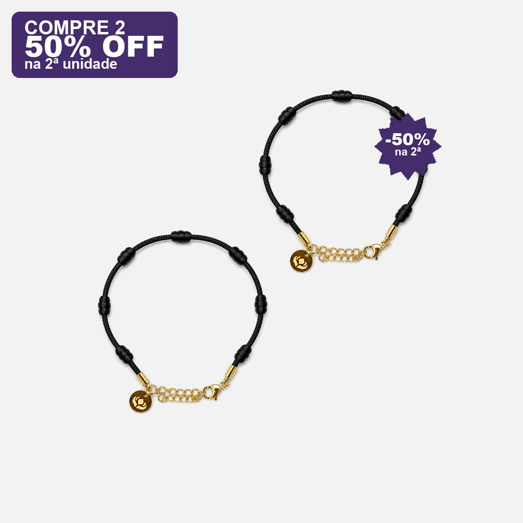 Pulseira Premium dos 7 Nós Preta com Dourado — compre 2 e ganhe 50% OFF na 2ª
