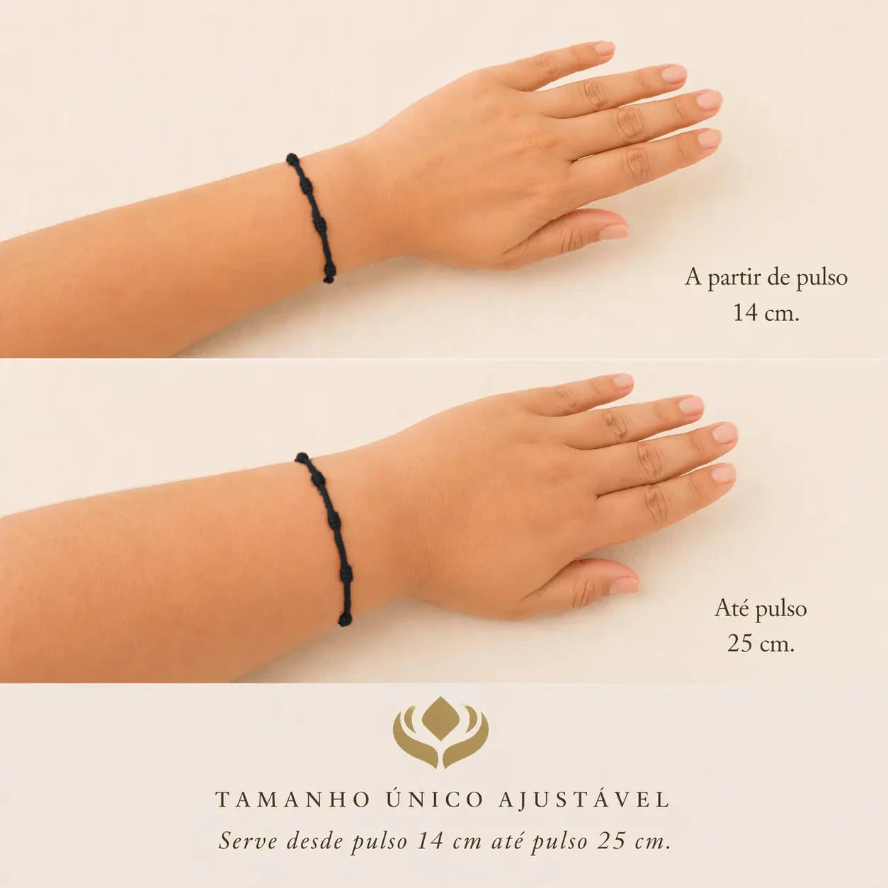 Pulseira Premium dos 7 Nós Preta com Dourado: tamanho único ajustável, serve de pulso 14 cm até pulso 25 cm