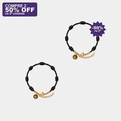 Pulseira Premium dos 7 Nós Preta com Dourado