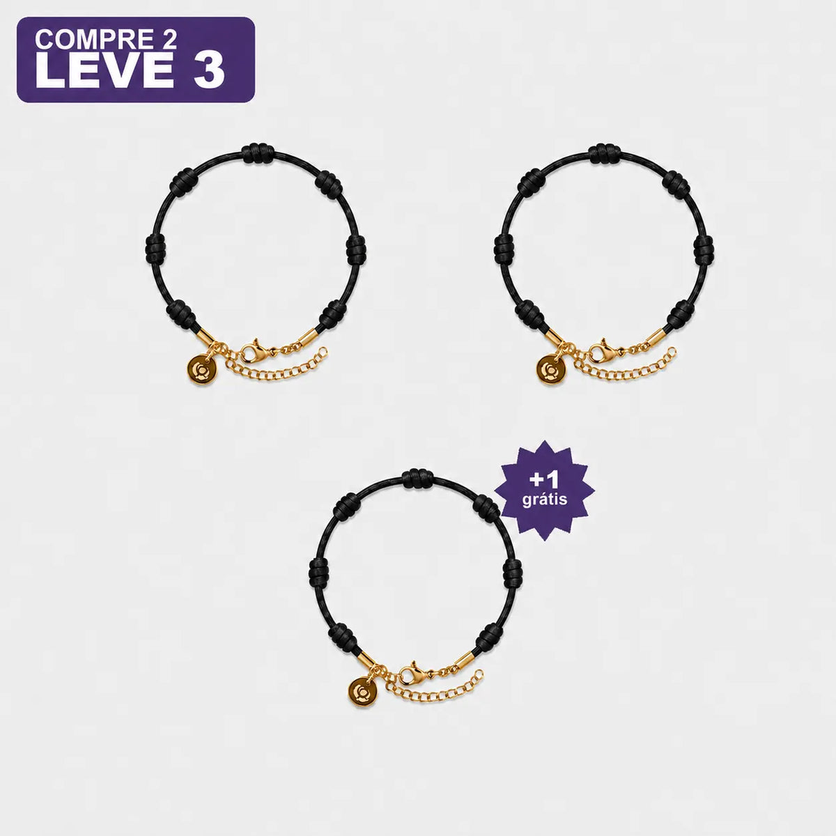 Pulseira Premium dos 7 Nós Preta com Dourado