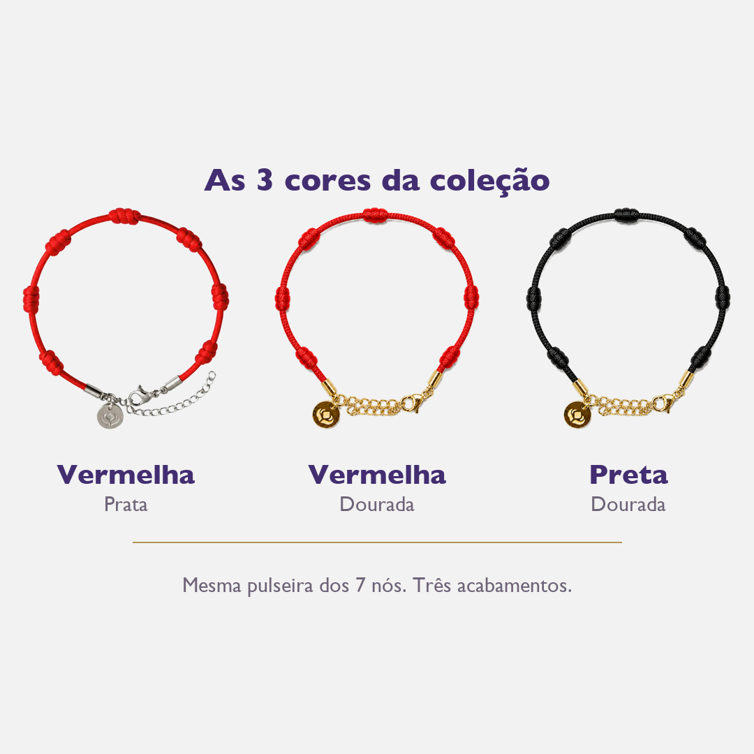 Kit 3 Pulseiras Premium dos 7 Nós — vermelha prata, vermelha dourada e preta dourada