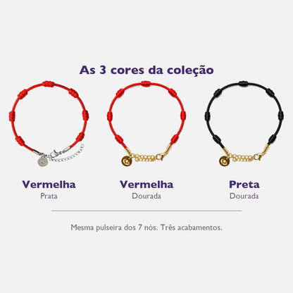 Kit 3 Pulseiras Premium dos 7 Nós — vermelha prata, vermelha dourada e preta dourada