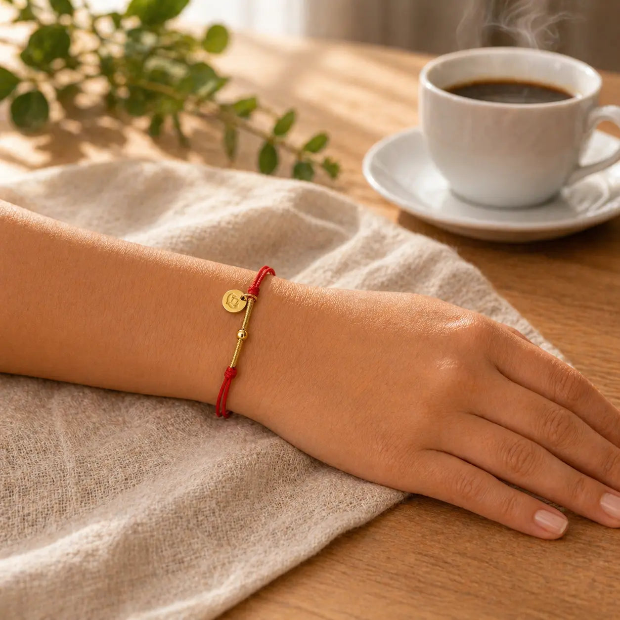 Pulseira Tibetana Conta Dourada — no pulso