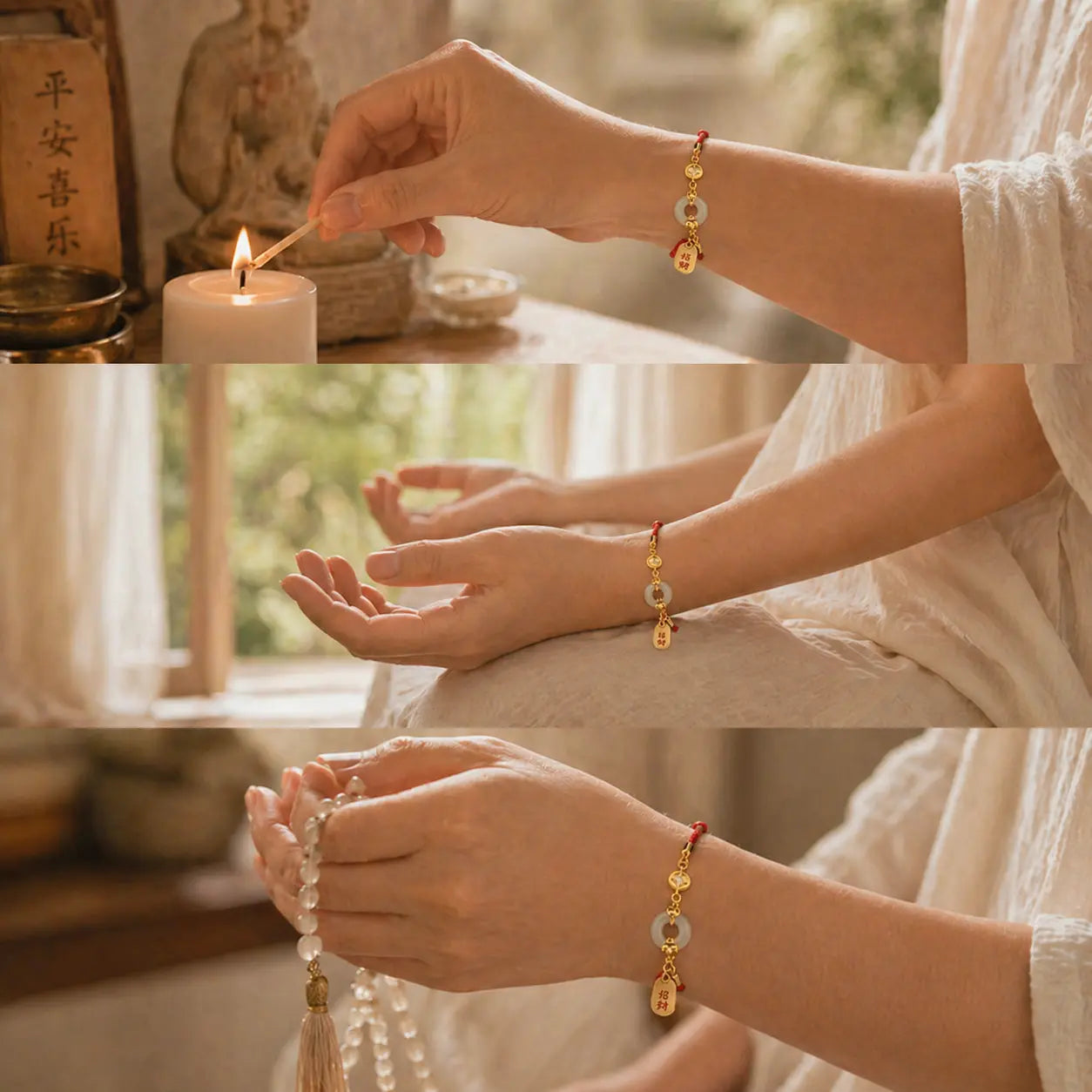 Pulseira Vermelha Fivela da Paz e Fortuna — no pulso