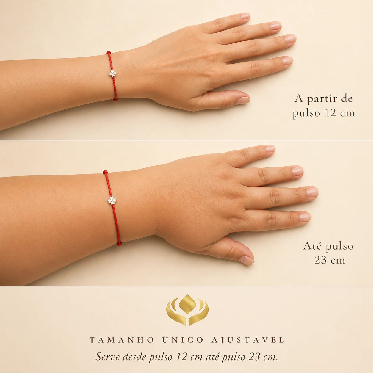 Pulseira Vermelha Trevo da Sorte — guia de tamanho